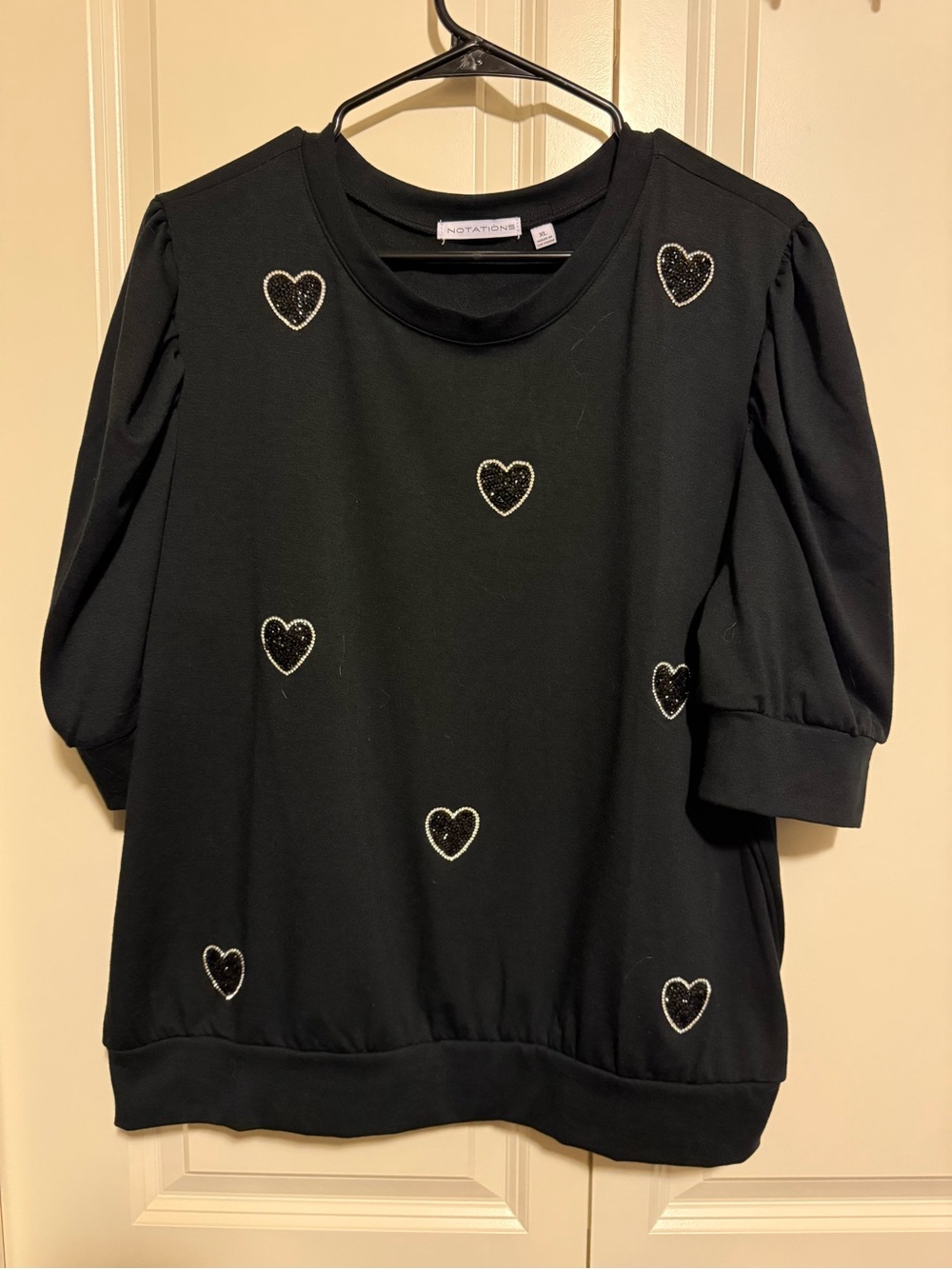 Notations Black Puff Sleeve Sweatshirt with Beaded Heart Accents